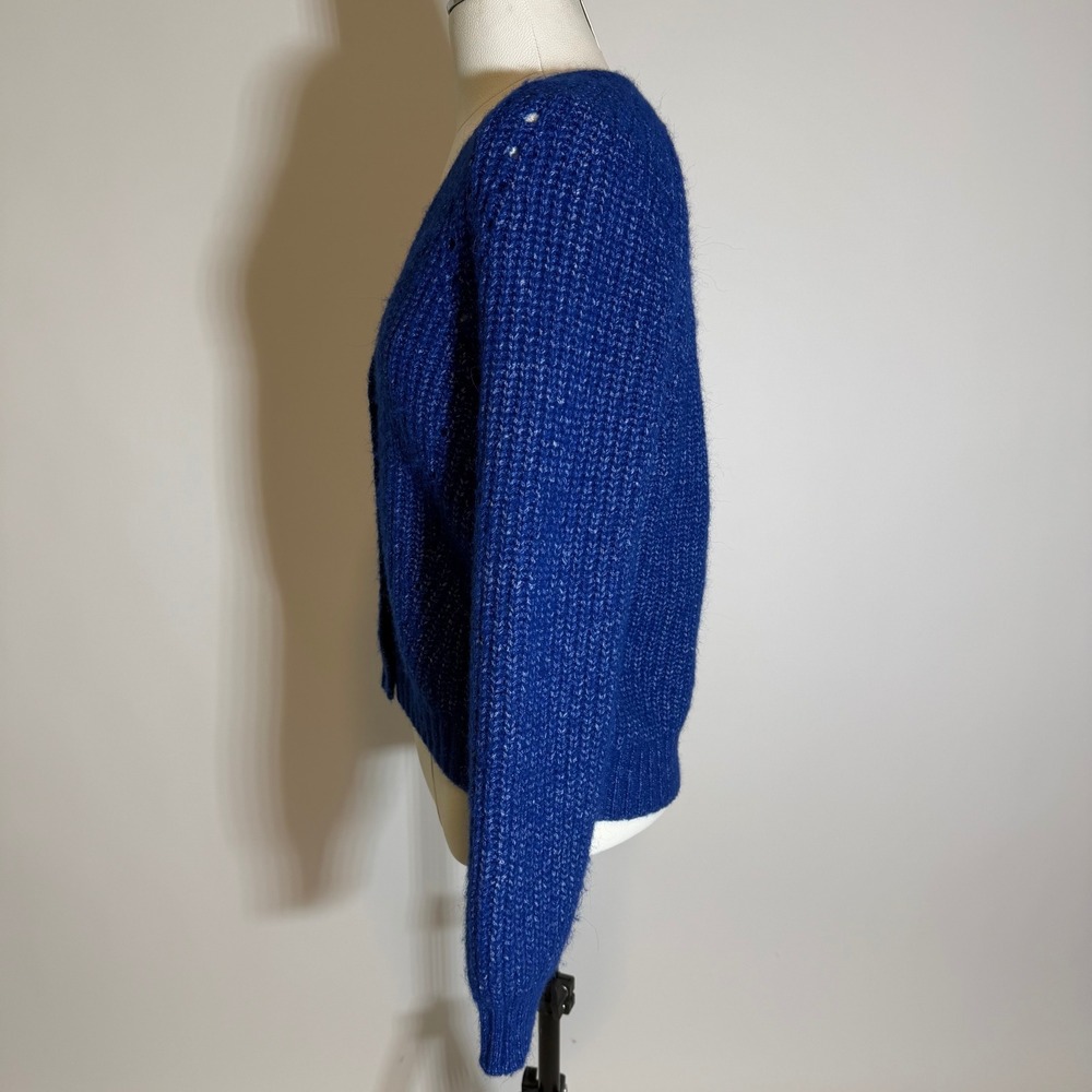 LOFT Wool Blend Blue V-Neck Button Front Cardigan Sweater Womens Medium Chunky - Picture 4 of 8